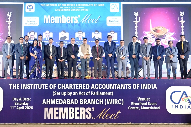 April 16, 2026 - CA. Prasanna Kumar D, President, ICAI, CA. Mangesh Kinare, Vice-President, ICAI and Shri Shankarbhai Chaudhary, Hon'ble Speaker, Gujarat Legislative Assembly along with CA. Aniket Talati, Past President, ICAI and Central Council Members-CA. Rajesh Sharma, CA. Arpit Kabra, CA. Purushottamlal Khandelwal & Branch Managing Committee Members, graced the Members' Meet organized on April 16, 2026, in Ahmedabad and interacted with Members.