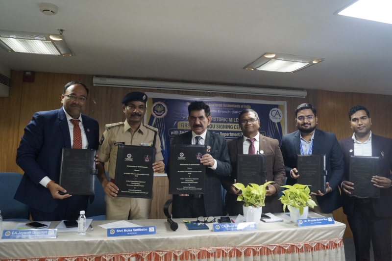 April 2, 2026 - CA. Hansraj Chugh, Central Council Member, ICAI and senior IPS officers from Andhra Pradesh Police Department (Training Wing) during Memorandum of Understanding (MoU) signing ceremony held on April 2, 2026, in Vijayawada. The MoU aims to impart training to the personnel of Andhra Pradesh Police Department on Economic Offences & Financial Crime Policing to strengthen their knowledge and practical understanding of economic offences, financial frauds and related investigation techniques.