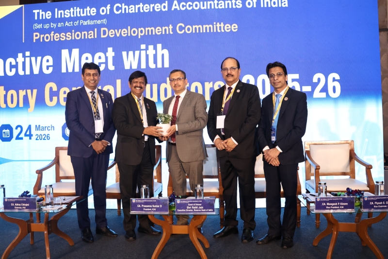March 24, 2026 - CA. Prasanna Kumar D, President, ICAI greeting Shri Rohit Jain, Executive Director, Reserve Bank of India in the presence of CA. Mangesh P. Kinare, Vice-President, ICAI, CA. Abhay Chhajed & CA. Piyush Chhajed, Central Council Members during Interactive Meet with Statutory Central Auditors organised at Mumbai on March 24, 2026.