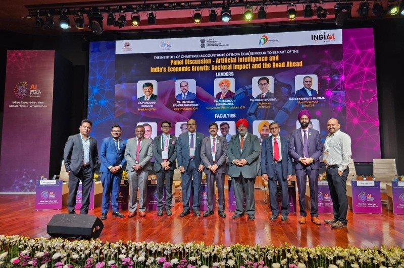 February 17, 2026 - CA. Prasanna Kumar D, President, ICAI, CA. Mangesh Kinare, Vice-President, ICAI, CA. Charanjot Singh Nanda, Immediate Past President, ICAI along with Central Council Members & other dignitaries graced “ICAI Session: AI and India’s Economic Growth – Sectoral Impact & the Road Ahead” during India AI Impact Summit 2026 organised by Government of India at Bharat Mandapam on February 17, 2026.