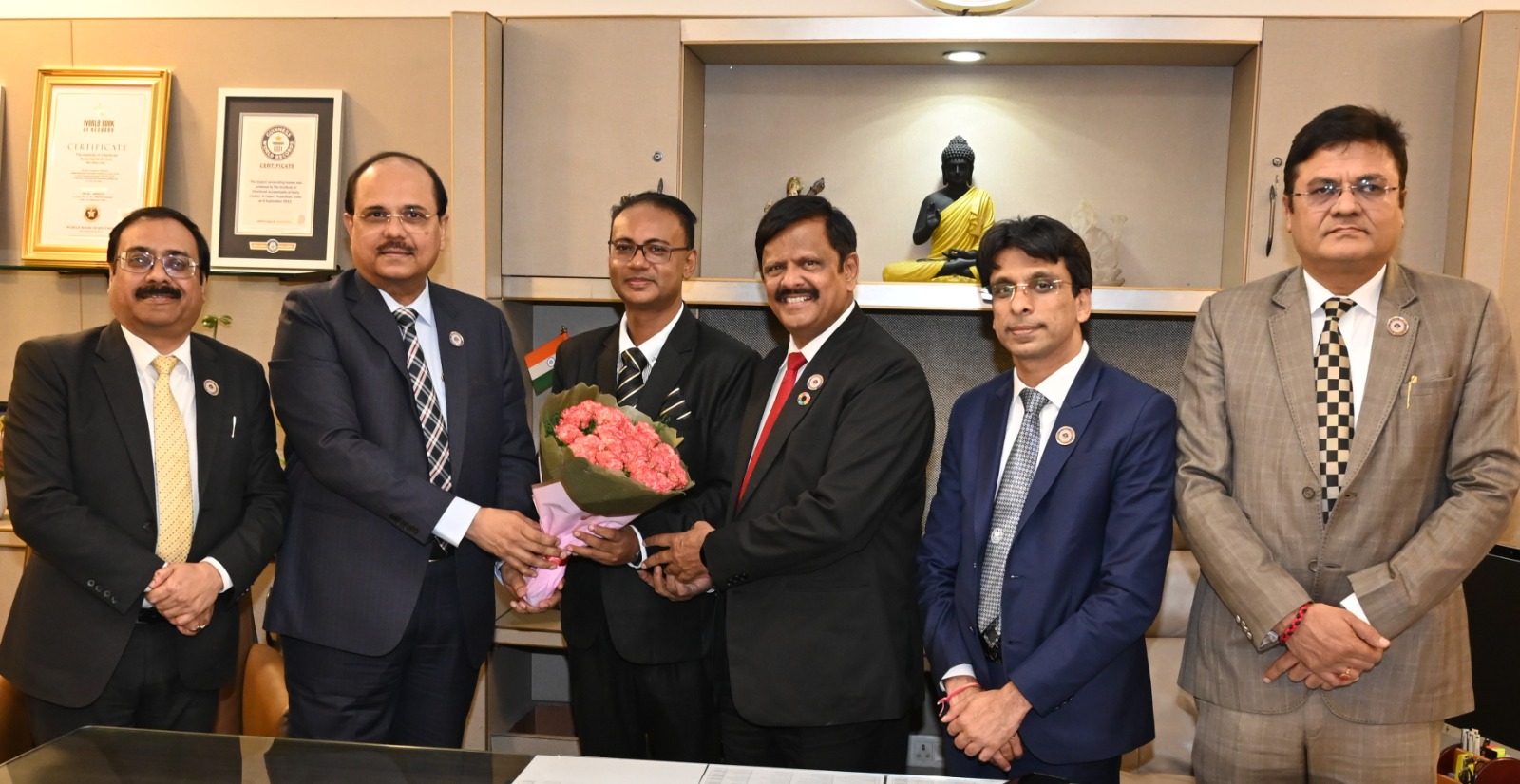 CA. Prasanna Kumar D, President, ICAI; CA. Mangesh Kinare, Vice-President, ICAI greeting Dr. Bhavish Jugurnath, CEO, Mauritius Institute of Professional Accountants (MIPA) in the presence of Central Council Members-CA. Pramod Jain, CA.Piyush Chhajed and CA.Rajesh Sharma, at ICAI Head Quarters, New Delhi on September 29, 2026.